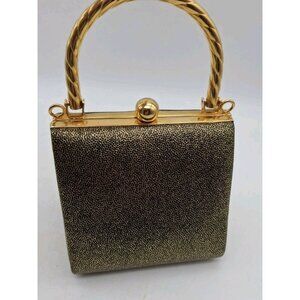 Inge Christopher Gold Cocktail Purse Evening Metal Handle Hard Case NO Chain